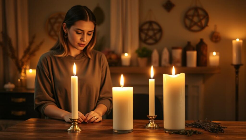 A serene candle safety scene showcasing three elegant, lit candles on a sturdy table. In the foreground, a beautiful Caucasian woman in modest casual clothing carefully monitors the candles, ensuring they're appropriately spaced apart, highlighting fire safety. In the middle, the candles emit a warm, soft glow, casting gentle light on the surroundings, while their flames flicker calmly. In the background, a cozy, dimly-lit room with ethereal decorations, such as crystals and herbs, adorned with protective symbols. The overall atmosphere is peaceful and inviting, promoting a sense of calm and safety. Use warm golden lighting for an enchanting feel and a slightly blurred focus on the background to emphasize the importance of the candles in the forefront.