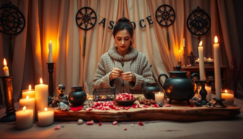 A serene, candlelit space designed for performing attraction spells. In the foreground, a beautifully arranged altar made of natural wood, decorated with gemstones, crystals, and mystical herbs. Delicate candles flicker softly, casting warm light over the scene. In the middle ground, a focused Caucasian figure, dressed in cozy, modest attire, is thoughtfully preparing spell ingredients, such as rose petals and a small cauldron. In the background, soft fabric drapes create an inviting, sacred atmosphere, while symbols of love and success are subtly placed on the walls. The mood is tranquil and enchanting, with a soft, inviting glow that enhances the spiritual significance of the preparation. The angle captures both the figure and the enchanting details of the altar, emphasizing the ritualistic aspect of attraction spells.