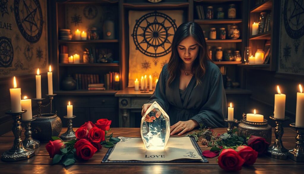 A serene, candlelit space filled with an array of mystical items. In the foreground, a skilled spellcaster, a Caucasian woman dressed in a flowing, elegant robe, focuses intently on a glowing crystal at the center of a wooden table. Surrounding the crystal are fresh roses, parchment, and various herbs, symbolizing love. In the middle ground, softly illuminated candles flicker, casting warm shadows on the walls adorned with enchanting symbols. The background features shelves filled with ancient books and jars, enhancing the magical atmosphere. Use soft, romantic lighting to create a dreamy mood, viewed from a slightly elevated angle to capture the depth and tranquility of the setting. The scene conveys a sense of devotion and care in the art of love spell casting.