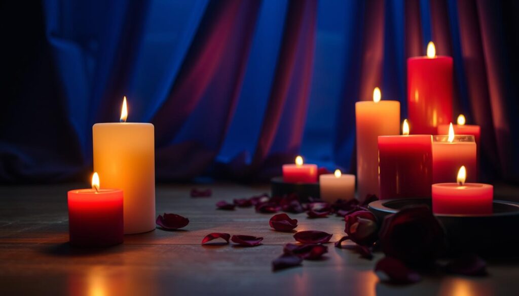 A serene collection of candles in various shapes and colors, placed gracefully on an elegant wooden table. In the foreground, a tall, slender white candle alongside a squat red candle, both flickering softly in a dim, warm light. In the middle ground, a delicate arrangement of smaller candles in shades of pink and deep purple, surrounded by scattered dried rose petals. An enchanting backdrop of soft draped fabric in deep blue creates a cozy, mystical atmosphere. The scene is illuminated by the gentle glow of the candles, highlighting glimmers of light that dance on the table surface. The mood is intimate and inviting, embodying the essence of love and magic. The camera angle focuses on a slight downward perspective, emphasizing the depth of the arrangement.