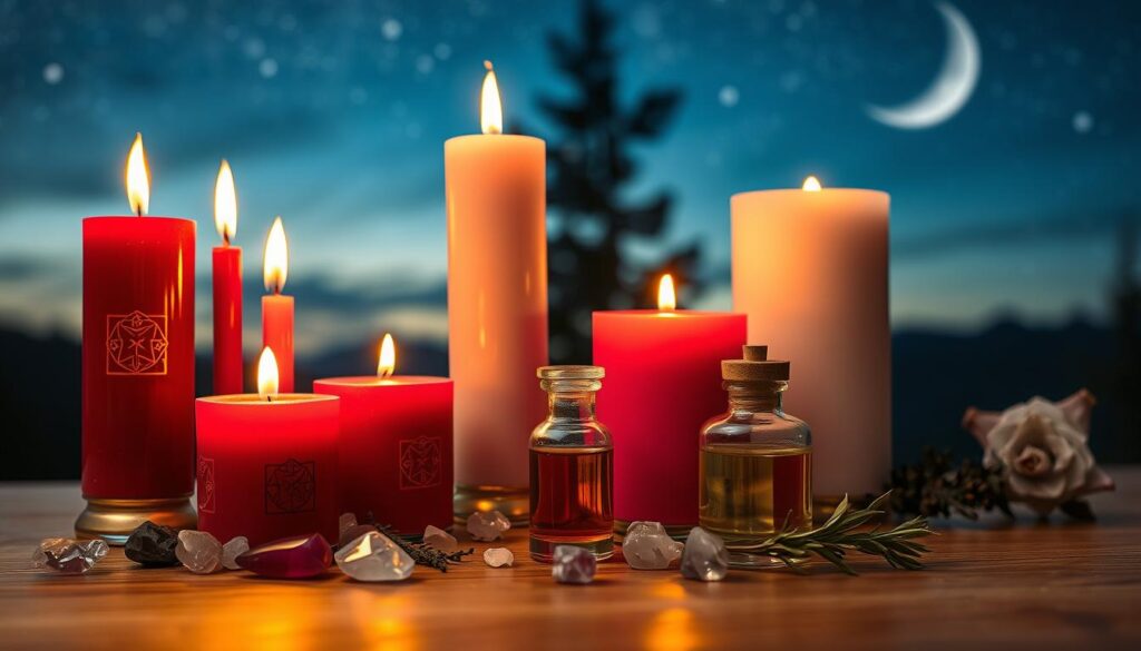 A serene composition featuring a collection of elegant candles in various heights and colors, including deep red, soft pink, and white, arranged on a wooden table. The foreground shows the flickering flames of the candles, casting a warm golden glow. Surrounding the candles are small crystal stones, including rose quartz and amethyst, glimmering softly in the light. In the middle ground, delicate aromatic oils rest in beautiful glass bottles, with a couple of sprigs of dried herbs nearby. The background is a softly blurred night sky, dotted with stars and the faint outline of a crescent moon, enhancing the mystical atmosphere. The overall mood is calming and enchanting, fitting for a love binding ritual, with gentle lighting that emphasizes the warmth and intimacy of the scene.