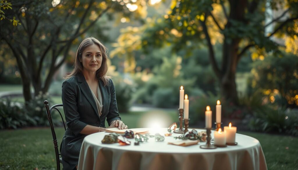 A serene, contemplative scene depicting the theme of "ethics and consent for love spell." In the foreground, a beautiful Caucasian woman dressed in modest, professional attire sits at a small, elegantly arranged table covered with mystical elements—crystals, parchments, and candles, symbolizing love and intention. The middle ground features a soft, ethereal glow emanating from the table, highlighting the significance of ethics and consent in magical practices. In the background, a tranquil garden setting with lush greenery and gentle sunlight filtering through trees creates a peaceful atmosphere. The lighting is warm and inviting, enhancing the mood of introspection and responsibility. The overall composition should evoke a sense of thoughtful reflection on the consequences and moral implications of love spells.