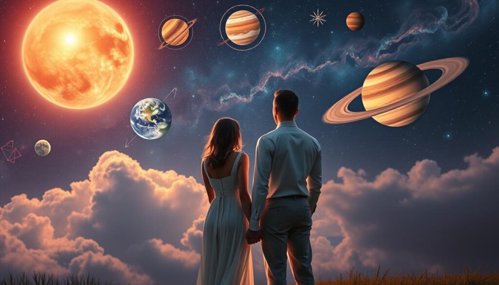 A serene cosmic landscape illustrating "planetary power for love." In the foreground, a beautiful Caucasian couple stands hand-in-hand, dressed in elegant, modest attire. They gaze towards the heavens, where the planets Venus, Mars, Jupiter, and Saturn manifest in vivid colors and intricate details, radiating a warm, celestial glow. The middle ground features ethereal clouds and stars, enhancing the magical atmosphere. In the background, a breathtaking night sky filled with swirling galaxies and constellations hints at the vastness of the universe. Soft, dreamy lighting bathes the scene in romantic tones, creating an enchanting and tranquil mood. The composition captures both the allure of love and the mystical energy of planetary timing, inviting viewers to contemplate the connection between celestial influences and romantic intentions.