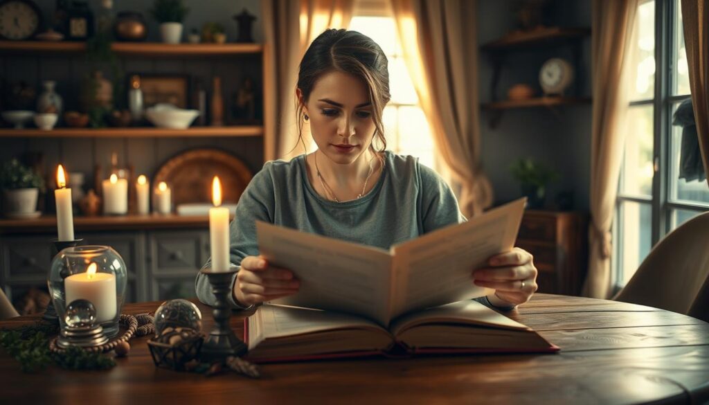 A serene, cozy indoor setting with a beautiful wooden table at the forefront, adorned with an array of mystical items like candles, herbs, and a crystal ball. A Caucasian woman, dressed in modest casual clothing, is thoughtfully examining an open spellbook, her brow slightly furrowed in concentration. In the middle ground, a softly glowing candle casts flickering shadows, illuminating the pages of the book. In the background, there are shelves filled with magical artifacts, and a window allowing gentle, warm golden light to filter in, enhancing the intimate atmosphere. The mood is contemplative and slightly mysterious, inviting the viewer into the world of love spells and their complexities. The overall composition should convey a sense of inquiry, as if troubleshooting the art of casting love spells.