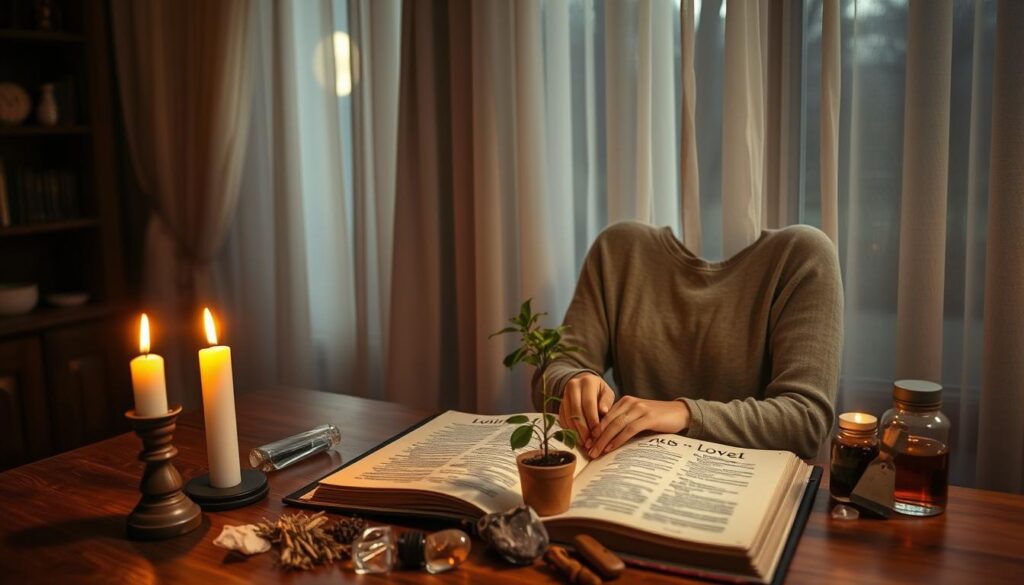 A serene, cozy room filled with inviting dim light, creating a warm atmosphere. In the foreground, a beautiful Caucasian woman in modest casual clothing sits at a wooden table, looking thoughtfully at an open grimoire filled with love spells. Beside her, a burning candle casts flickering shadows, while various herbs, crystals, and essential oils are neatly arranged around her. The middle ground features a small potted plant, symbolizing growth and hope. In the background, soft curtains flutter gently, allowing moonlight to filter through, creating a mystical glow. The overall mood is one of introspection and determination, conveying the essence of troubleshooting love spells that may not be yielding results.