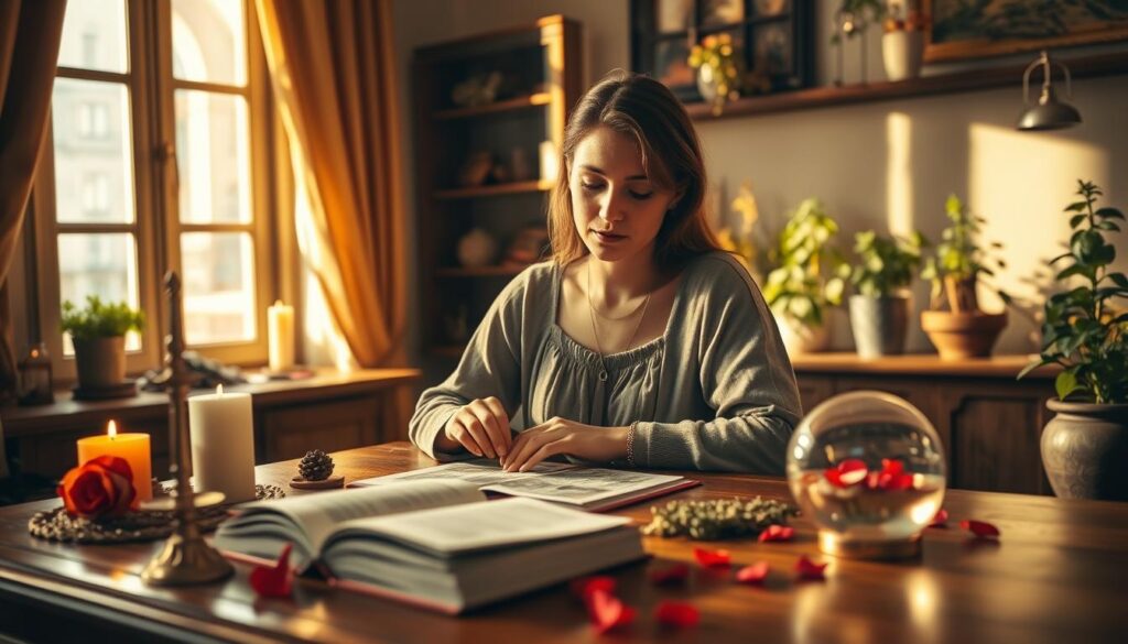 A serene, cozy room setting illuminated by warm, golden light streaming through a window, casting gentle shadows. In the foreground, an elegant wooden table is adorned with an open book, candles, and mystical herbs. A focused Caucasian woman in modest casual attire, with a calm expression, is examining a spread of cards, symbolizing the assessment of love spell results. In the middle ground, soft-focus mystical artifacts like a crystal ball and rose petals add to the enchantment. The background features herbal plants in pots, enhancing the magical atmosphere. The overall mood is one of introspection, patience, and hope, reflecting the journey of understanding love spells. The image captures a moment of thoughtful troubleshooting in a tranquil spellcasting environment.