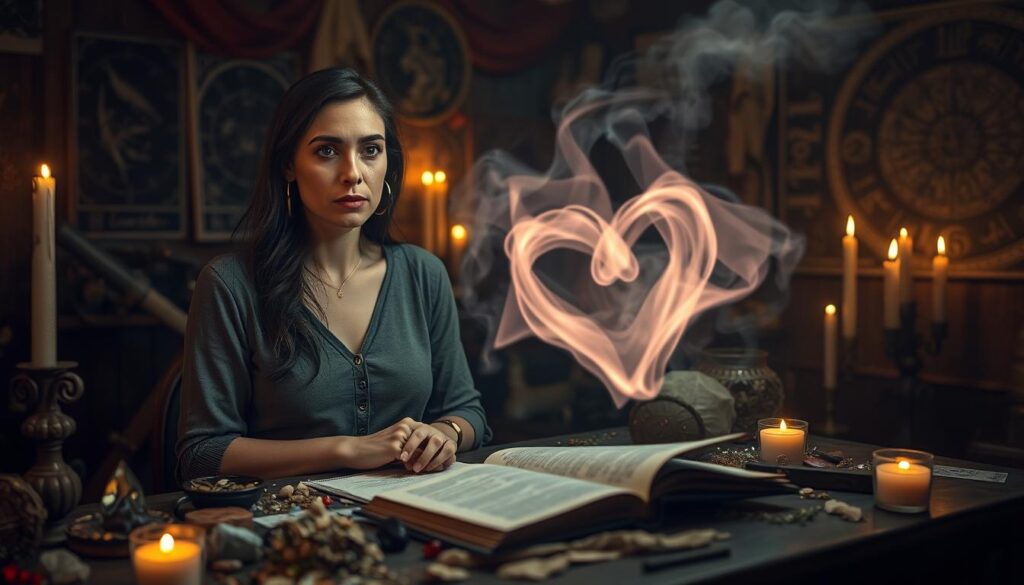 A serene, dimly lit room filled with mystical symbols and candlelight. In the foreground, a beautiful Caucasian woman, dressed in modest casual clothing, sits at a table cluttered with crystals, herbs, and an open spell book, her expression reflecting a mixture of contemplation and frustration. In the middle ground, a translucent, swirling mist encapsulates a faded heart symbol, representing the ephemeral nature of love spells. In the background, softly glowing candles flicker, casting dancing shadows on the walls adorned with astrological charts. The overall mood is introspective and slightly magical, evoking a sense of curiosity and caution. The lighting is warm and inviting, emphasizing the enchanting yet uncertain outcomes of love spells, taken from a slight high angle to create depth.