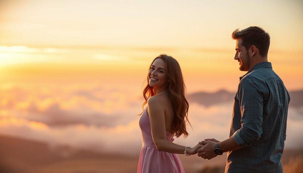 A serene, dreamy scene capturing the essence of "love." In the foreground, a beautiful Caucasian couple stands slightly turned towards each other, their faces radiating joy and connection, dressed in elegant casual attire. Their hands are gently intertwined, symbolizing unity. The middle ground features a soft, abstract blend of pastel colors, like pink and lavender, that evoke warmth and affection. In the background, a scenic sunset casts a golden glow, with soft clouds reflecting the vibrant colors, creating a romantic ambiance. The lighting is soft and ethereal, giving the image a warm, inviting feel. The scene is framed with a slightly blurred vignette, adding to the dreamy atmosphere, inviting viewers to feel the depth of love without any distractions. A serene, dreamy scene capturing the essence of "love." In the foreground, a beautiful Caucasian couple stands slightly turned towards each other, their faces radiating joy and connection, dressed in elegant casual attire. Their hands are gently intertwined, symbolizing unity. The middle ground features a soft, abstract blend of pastel colors, like pink and lavender, that evoke warmth and affection. In the background, a scenic sunset casts a golden glow, with soft clouds reflecting the vibrant colors, creating a romantic ambiance. The lighting is soft and ethereal, giving the image a warm, inviting feel. The scene is framed with a slightly blurred vignette, adding to the dreamy atmosphere, inviting viewers to feel the depth of love without any distractions.