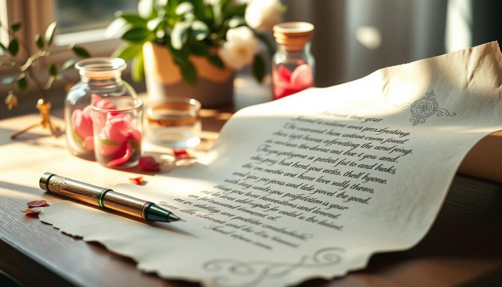 A serene, elegantly styled desk scene capturing the essence of intention petitioning for love spells. In the foreground, a beautiful, intricately designed parchment lies open, with exquisite calligraphy spelling out heartfelt intentions and affirmations. A delicate fountain pen rests beside it, glistening in natural light. The middle ground features a small, decorated candle and a crystal vial filled with rose petals, symbolizing love and intention. In the background, soft-focus plants and flowers create an inviting, tranquil atmosphere, infused with a gentle, warm light that emanates a sense of calm and focus. The overall mood is one of mindfulness and purpose, ideal for inspiring beginners in the practice of love spells.