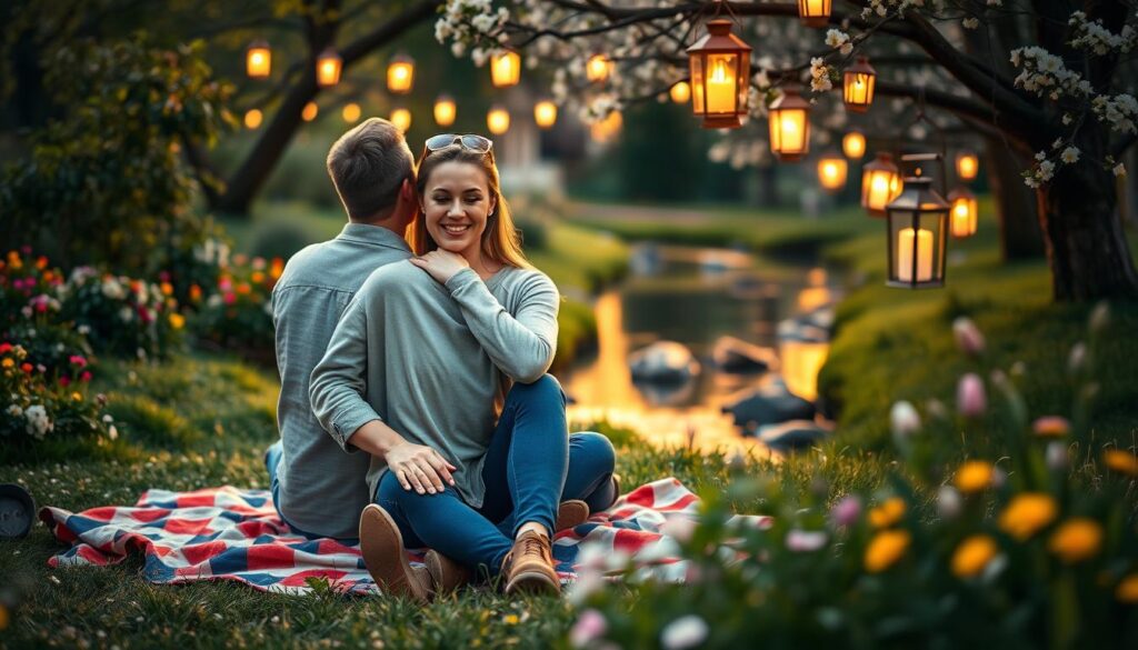A serene, enchanted scene capturing the essence of love, featuring a beautiful Caucasian couple sitting closely on a vibrant picnic blanket surrounded by lush greenery and blooming flowers. In the foreground, their hands are intertwined, symbolizing connection and intimacy. The middle ground showcases a gentle stream, reflecting warm sunlight, enhancing the tranquil atmosphere. The background is adorned with softly glowing lanterns hanging from trees, casting a magical light that evokes warmth and tenderness. The mood is romantic yet contemplative, with soft, golden hour lighting to create a dreamy effect. Use a soft focus lens to achieve a soft, intimate feel, ensuring the couple is dressed in casual, modest clothing, radiating love and trust, while the surrounding nature whispers of enchantment.