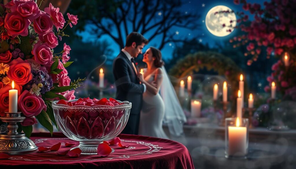 A serene, enchanted scene depicting a beautiful arrangement of vibrant flowers and shimmering candles, symbolizing love spells. In the foreground, a delicate crystal bowl filled with rose petals sits atop an ornate table draped with a rich velvet cloth. The middle ground features a pair of elegantly dressed Caucasian individuals, a man and a woman, gently holding hands while gazing into each other’s eyes, radiating warmth and connection. Soft, magical wisps of light swirl around them, enhancing the romantic atmosphere. The background reveals a dreamy twilight garden, illuminated by the glow of moonlight and twinkling stars. The overall mood is enchanting and mystical, inviting viewers into a world where love spells thrive. Use soft focus to create an ethereal effect, highlighting the details of the scene while maintaining a sense of wonder.