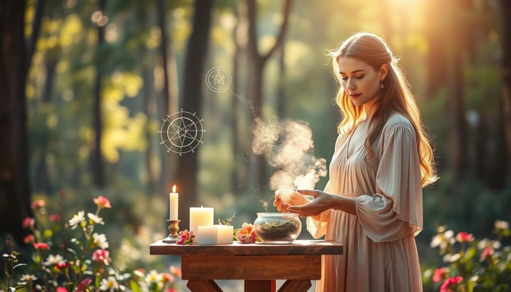 A serene, enchanted scene depicting the concept of love spells in action. In the foreground, a beautiful Caucasian woman in a flowy, modest dress stands at a small wooden table, surrounded by candles and vibrant flowers, meticulously mixing herbs in a glass bowl. Her expression is focused and hopeful, embodying the essence of intention behind love spells. In the middle ground, mystical symbols and sparkling dust swirl around her, suggesting the magical energy at play. The background features a softly lit forest, with dappled sunlight filtering through the trees, creating a warm, inviting atmosphere. The scene captures a sense of wonder and possibility, with a dreamy bokeh effect. The overall mood is enchanting and uplifting, emphasizing the belief in love magic. Natural lighting enhances the colors and adds a touch of warmth. A serene, enchanted scene depicting the concept of love spells in action. In the foreground, a beautiful Caucasian woman in a flowy, modest dress stands at a small wooden table, surrounded by candles and vibrant flowers, meticulously mixing herbs in a glass bowl. Her expression is focused and hopeful, embodying the essence of intention behind love spells. In the middle ground, mystical symbols and sparkling dust swirl around her, suggesting the magical energy at play. The background features a softly lit forest, with dappled sunlight filtering through the trees, creating a warm, inviting atmosphere. The scene captures a sense of wonder and possibility, with a dreamy bokeh effect. The overall mood is enchanting and uplifting, emphasizing the belief in love magic. Natural lighting enhances the colors and adds a touch of warmth.