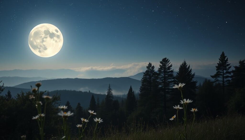 A serene, enchanting full moon hangs majestically in the night sky, casting a soft, silvery glow over a tranquil, starry landscape. In the foreground, delicate wildflowers sway gently in a light breeze, their petals shimmering under the moonlight. The middle ground features a peaceful forest with silhouettes of tall trees framing the scene, their leaves rustling softly. In the background, distant hills create a gentle undulation against the horizon, partially veiled by wisps of fog, enhancing the ethereal atmosphere. The lighting is soft and diffused, creating a dreamlike quality. The overall mood is romantic and magical, inviting viewers to connect with the energy of the moon as a symbol of love and attraction.