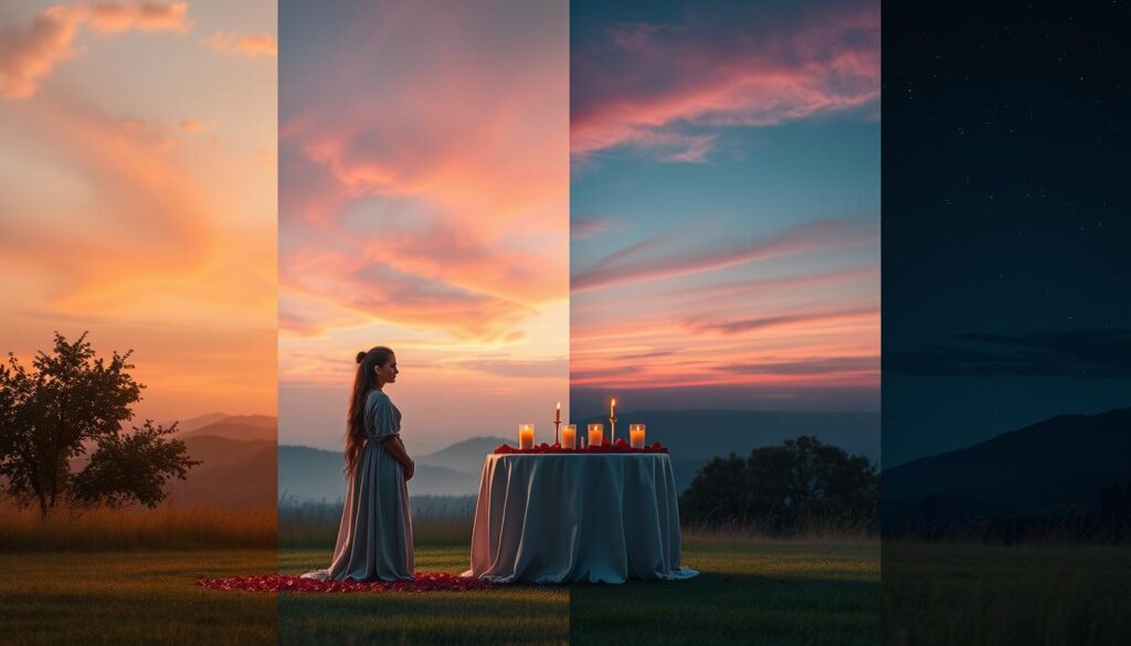 A serene, enchanting landscape depicting the four times of day relevant for a love spell: dawn, noon, sunset, and midnight. In the foreground, a beautiful Caucasian figure dressed in modest, flowing garments stands at a table adorned with candles and rose petals, symbolizing the act of casting a love spell. The middle ground features a soft transition in the sky colors—warm oranges and pinks of dawn, bright blues of noon, rich purples and oranges of sunset, and deep navy with twinkling stars at midnight. Capture each time of day with appropriate lighting that enhances the mood: gentle, hopeful for dawn; vibrant and energetic for noon; romantic and dreamy for sunset; and mysterious and tranquil for midnight. The atmosphere is magical and inviting, with a touch of spirituality, creating a harmonious scene perfect for the theme.