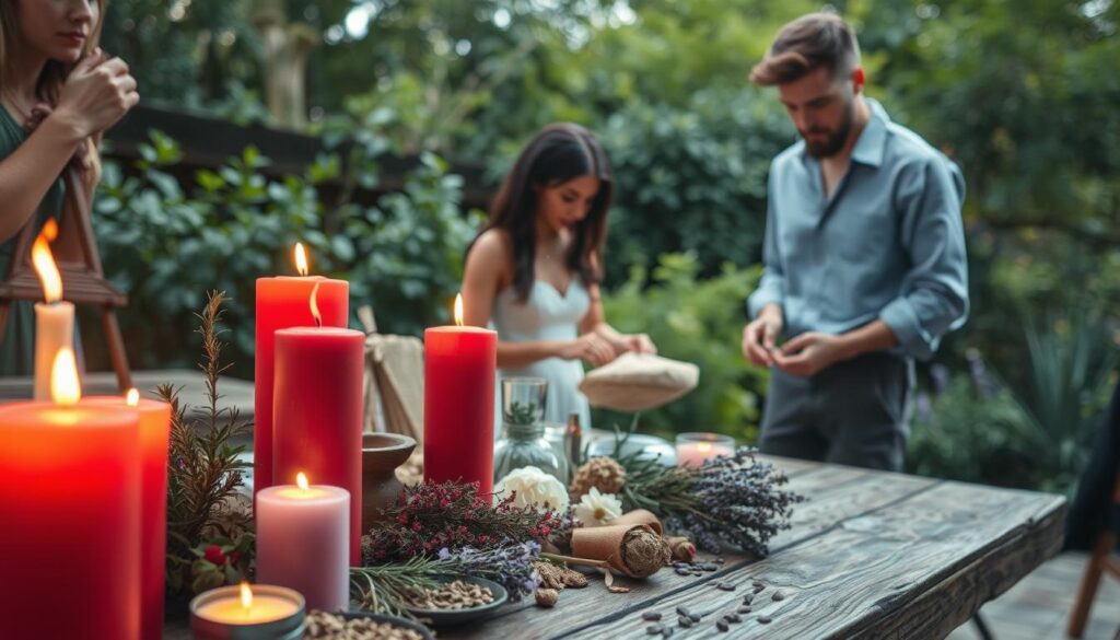 A serene, enchanting scene capturing the essence of gathering materials for love magic. In the foreground, a beautifully arranged altar with vibrant colored candles—red, pink, and white—surrounded by delicate herbs like rosemary and lavender, emitting a gentle, ethereal glow. The middle shows a pair of beautifully dressed Caucasian figures, one in a flowing dress and the other in a stylish shirt and pants, carefully selecting materials with focused expressions. Soft, ambient lighting enhances the magical atmosphere, casting gentle shadows that dance across the rustic wooden table. In the background, lush greenery adds depth to the scene, suggesting a peaceful outdoor setting that feels safe and inviting. The overall mood is one of intention, connection, and harmony, inviting viewers into the enchanting world of love magic.