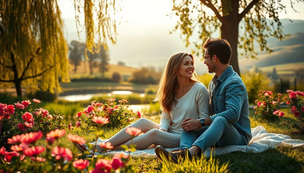 A serene, enchanting scene depicting a beautiful Caucasian couple in a lush garden, embodying the theme of love intention. In the foreground, they sit on a soft blanket, holding hands and gazing into each other’s eyes with warm smiles, dressed in modest yet stylish casual clothing. The middle ground features vibrant flowers in bloom, symbolizing blossoming feelings, while gentle sunlight filters through the trees, casting a golden hue that enhances their connection. In the background, a soft-focus landscape of rolling hills and a tranquil pond adds depth and serenity to the composition. The overall mood is romantic and uplifting, evoking feelings of hope and genuine affection, with a bright and airy atmosphere that invites viewers to dream of love.