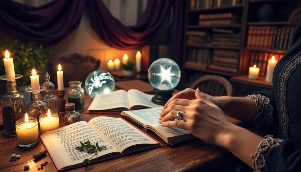 A serene, enchanting scene depicting a cozy and mystical workspace for love spell troubleshooting. In the foreground, a beautifully arranged wooden table holds an array of magical ingredients: glowing candles, fragrant herbs, crystal bottles, and open spell books filled with handwritten notes and charms. A pair of hands, delicately adorned with rings, are seen thoughtfully examining a spell book. In the middle ground, an elegant, softly glowing crystal ball captures a flickering light, hinting at insights and transformations. In the background, a wall draped with deep purple fabric and shelves filled with ancient tomes create a warm, inviting atmosphere. Soft, candlelit lighting casts gentle shadows, evoking a mystical mood, while a subtle spark of magic seems to linger in the air.