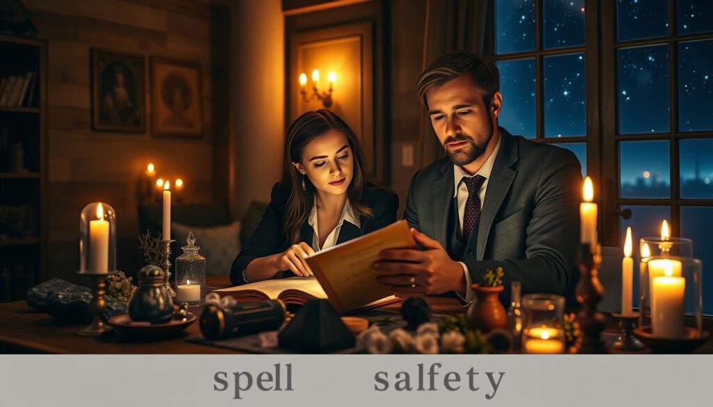 A serene, enchanting scene depicting a cozy, dimly lit room where a beautiful Caucasian woman and man, dressed in modest business attire, are sitting at a wooden table covered in various mystical items, such as candles, crystals, and herbs. In the foreground, the couple examines a glowing spell book, their expressions a mix of concentration and caution, highlighting the theme of "spell safety." Soft, warm lighting casts gentle shadows, with flickering candlelight adding a magical ambiance. In the background, a large window reveals a starry night sky, hinting at distance but with a sense of connection. The overall atmosphere is mystical yet inviting, urging viewers to consider the responsibilities of spellcasting while emphasizing the importance of mindfulness and safety.