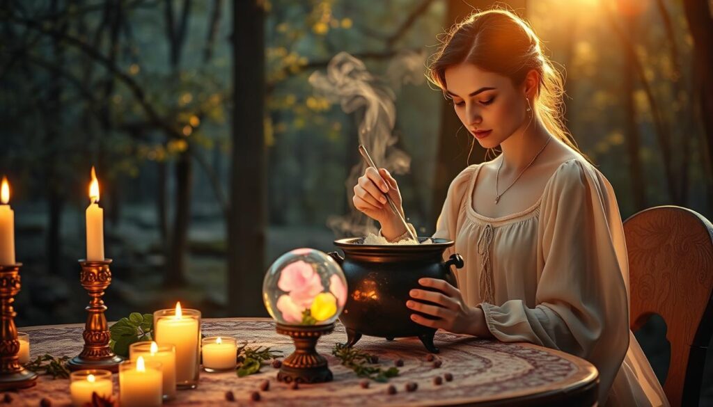 A serene, enchanting scene depicting a "love spell" in action. In the foreground, a beautifully adorned table with mystical items: candles casting a warm, flickering glow, an ornate crystal ball, and delicate herbs scattered artfully. A graceful, beautiful Caucasian woman dressed in flowing, modest attire is depicted, focused on the process, her expression a mix of concentration and hope. In the middle ground, a softly glowing cauldron bubbles with vibrant colors, hinting at magical ingredients stirred by slender fingers. The background features a dimly lit, mystical forest with gently swaying trees, their leaves shimmering softly in the warm light. The atmosphere is enchanting and intimate, conveying a sense of warmth, magic, and romantic potential, as if love itself is being conjured into existence. Soft lens flares enhance the ethereal quality. A serene, enchanting scene depicting a "love spell" in action. In the foreground, a beautifully adorned table with mystical items: candles casting a warm, flickering glow, an ornate crystal ball, and delicate herbs scattered artfully. A graceful, beautiful Caucasian woman dressed in flowing, modest attire is depicted, focused on the process, her expression a mix of concentration and hope. In the middle ground, a softly glowing cauldron bubbles with vibrant colors, hinting at magical ingredients stirred by slender fingers. The background features a dimly lit, mystical forest with gently swaying trees, their leaves shimmering softly in the warm light. The atmosphere is enchanting and intimate, conveying a sense of warmth, magic, and romantic potential, as if love itself is being conjured into existence. Soft lens flares enhance the ethereal quality.
