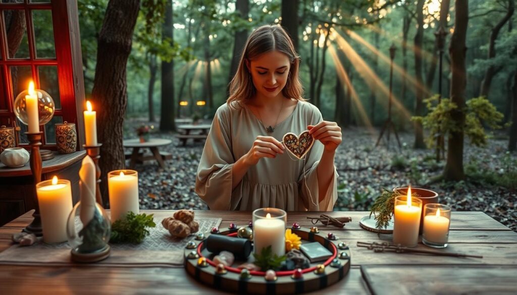 A serene, enchanting scene depicting a mystical love spell gathering. In the foreground, a beautifully adorned wooden table holds an array of candles, crystals, and herbs, softly glowing in warm light. The middle ground features a confident, elegant Caucasian woman in a modest, flowing dress, carefully weaving a heart-shaped charm with delicate threads, symbolizing the act of bringing someone back. In the background, a lush, ethereal forest setting bathed in the twilight, where soft rays of light sift through the trees, creating an inviting yet mysterious atmosphere. The composition should evoke a feeling of calmness and hope, with an emphasis on the woman's focus and intent. The lighting should be warm and softly diffused, capturing a magical, romantic ambiance.