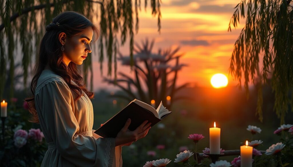 A serene, enchanting scene depicting a tranquil garden at twilight, featuring two beautiful Caucasian figures dressed in modest, elegant clothing. In the foreground, a woman gazes thoughtfully at a glowing, shimmering spell book, her fingers lightly touching the pages, illuminated by soft, warm candlelight. The middle ground displays lush flowers and gently swaying willow trees, creating an atmosphere of romance and nostalgia. In the background, the fading sun casts a mystical light, blending oranges and purples in the sky, hinting at the transition from day to night. The overall mood is magical and contemplative, as if the moment captures the essence of longing and the hope of rekindling lost love. The angle is slightly elevated, providing a clear view of the garden while emphasizing the figures’ connection to the spell they are contemplating.