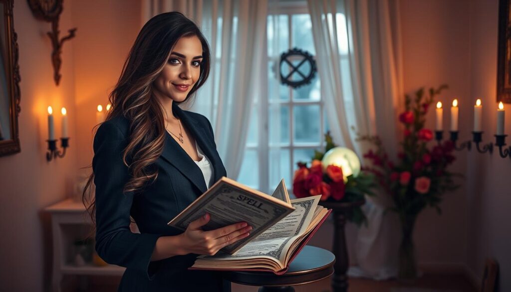 A serene, enchanting scene depicting a woman in professional business attire, standing in a softly lit, cozy room adorned with candles and mystical symbols. In the foreground, she holds an ornate, open spellbook, her expression thoughtful and hopeful. Her long, wavy hair cascades over her shoulders, and a hint of a warm smile suggests her desire to reconnect with a lost love. In the middle ground, there’s a small table with a crystal ball and vibrant flowers, symbolizing emotional healing and attraction. The background features a gently glowing window with soft curtains, allowing moonlight to illuminate the space, creating a calming, magical atmosphere. The overall mood is one of longing and hope, inviting viewers to explore the transformative power of love spells.