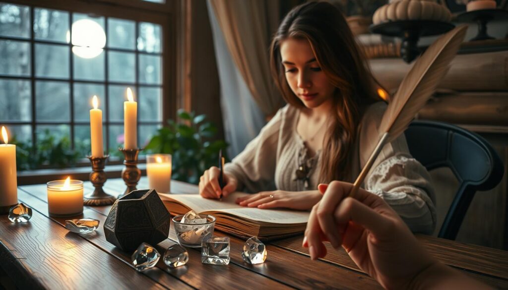 A serene, enchanting scene depicting a young woman sitting at a wooden table in a cozy, softly lit room, her expression focused and contemplative as she writes in a leather-bound journal. The table is adorned with candles casting a warm glow, and crystal-clear quartz stones scattered around, enhancing the mystical ambiance. In the background, a window reveals a moonlit garden, creating a tranquil atmosphere. The foreground features a close-up of her hand delicately holding a quill, symbolizing clarity and intention. The overall mood is introspective and magical, beautifully capturing the essence of clarifying one’s intention in a love spell. The lighting is warm and inviting, highlighting the thoughtful expressions and rich textures in the setting.