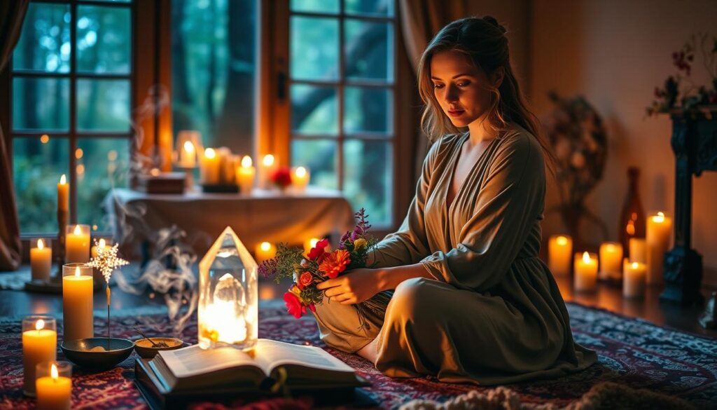 A serene, enchanting scene depicting an attraction spell ritual in a softly lit room filled with warm, golden candlelight. In the foreground, a beautiful Caucasian woman dressed in an elegant, modest gown, sits cross-legged on a lush rug, carefully arranging vibrant flowers and herbs around a glowing crystal. Her expression is focused yet serene, embodying intention and hope. In the middle ground, a table is adorned with mystical tools like a spell book, incense, and a shimmering wand, surrounded by ethereal wisps of glowing light that symbolize energy and attraction. The background features a softly blurred view of a magical forest window, casting gentle natural light, creating an atmosphere of tranquility and enchantment, emphasizing the theme of love and connection. Angle the shot slightly downward to capture the ritual's intimate essence.
