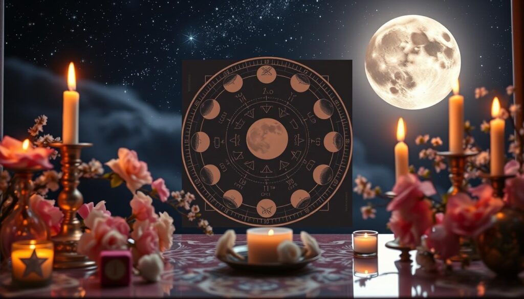 A serene, enchanting scene depicting lunar timing love spells. In the foreground, a beautifully arranged altar adorned with shimmering candles and delicate flowers, reflecting a harmonious blend of soft pinks and whites. In the middle ground, a celestial chart featuring phases of the moon, intricately illustrated with mystical symbols representing love and attraction. In the background, a night sky filled with luminous stars and a radiant full moon casting gentle silver light over the scene. The atmosphere is tranquil and magical, evoking feelings of hope and connection. Capture this image with a soft focus, utilizing warm lighting to enhance the romantic ambiance, and a slightly elevated angle for depth.