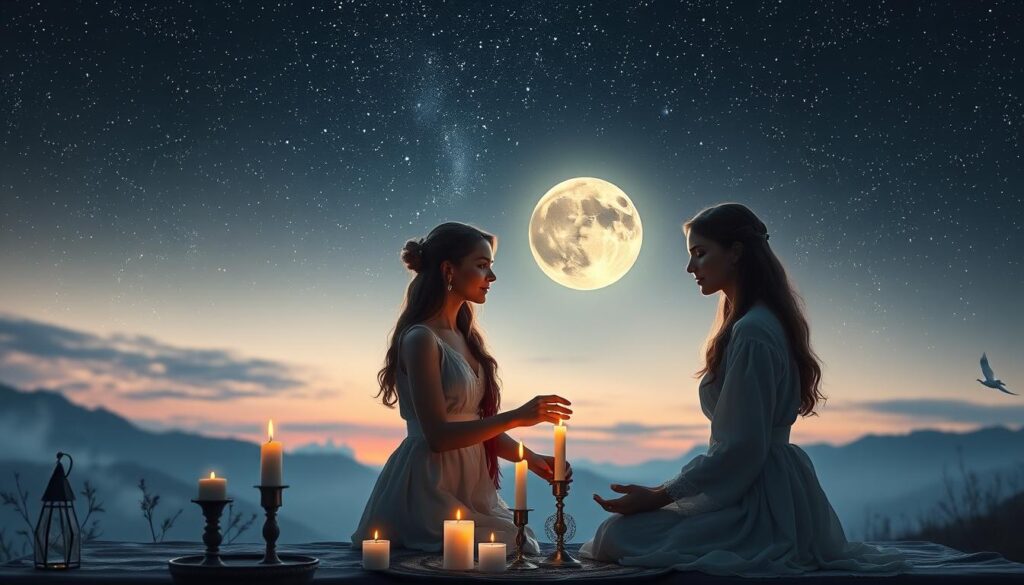A serene, enchanting scene depicting the best days for love spells, focusing on the celestial influence of Venus and Jupiter. In the foreground, two beautiful Caucasian figures in elegant, modest attire are engaged in a ritual with candles and crystals, symbolizing love and attraction. The middle ground features a stunning night sky filled with twinkling stars, with a prominent full moon casting a gentle glow over the scene. Soft, magical lighting enhances the atmosphere, creating a sense of mystique and romantic energy. In the background, twilight hues blend seamlessly, enhancing the ethereal quality of the moment. The composition captures a harmonious balance between nature and human intention, evoking feelings of hope and love. The scene is meticulously detailed, evoking a sense of wonder and serenity, perfect for the theme of love spells.
