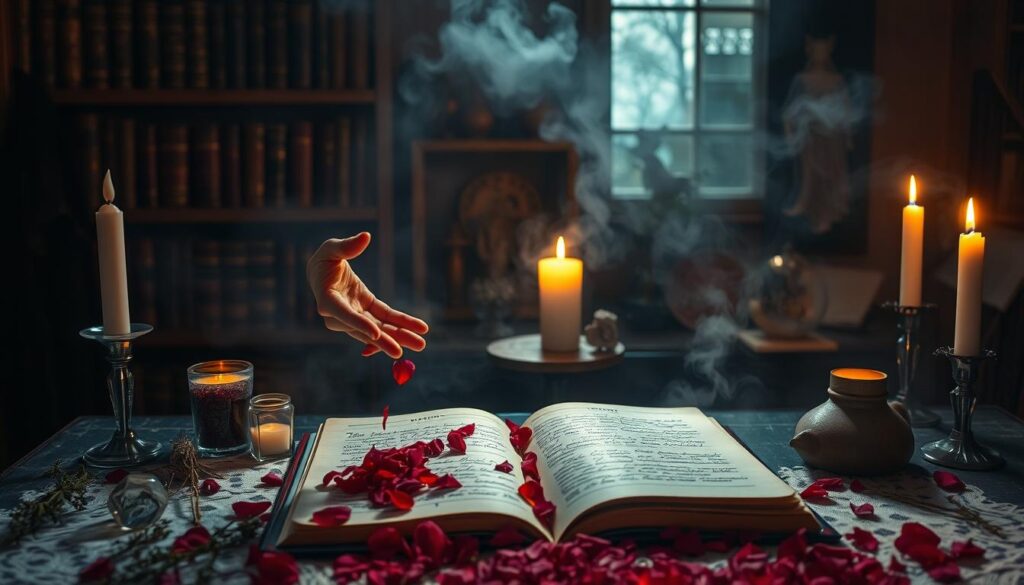A serene, enchanting scene depicting the concept of love spells in a mystical, dimly lit room. In the foreground, a beautifully arranged table is adorned with candles, crystals, and herbs, casting a warm, soft glow. A pair of delicate hands—beautiful Caucasian figures—gently sprinkle crushed rose petals over an open spell book, radiating an aura of intent and care. In the middle ground, a softly flickering candle illuminates handwritten notes about love spells, creating a sense of mystery and ancient wisdom. The background features a shadowy bookshelf filled with tomes on magic and love, shrouded in a gentle mist to enhance the ethereal atmosphere. The overall mood is one of calm intrigue and reflection, inviting the viewer to contemplate the power and challenges of love spells.
