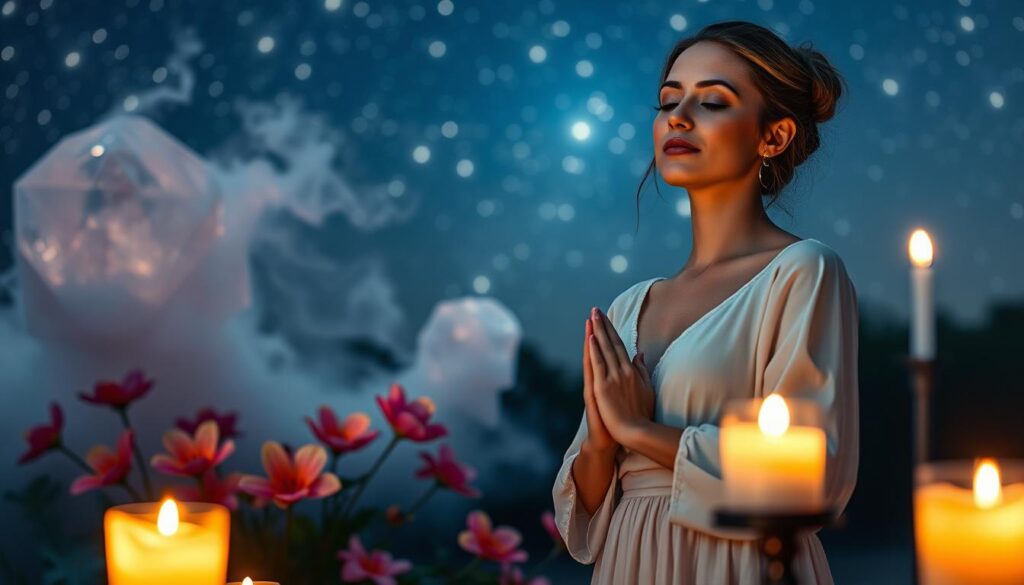 A serene, enchanting scene depicting the essence of "love magic intentions". In the foreground, a beautifully dressed Caucasian woman stands with clasped hands, eyes closed, radiating positive energy. She is surrounded by softly glowing candles and delicate crystals, symbolizing her intentions. In the middle ground, a gentle mist swirls around vibrant flowers, their petals shimmering with iridescent hues, reflecting the theme of love and connection. In the background, a starry night sky filled with twinkling stars casts a mystical light over the scene, enhancing the magical atmosphere. The image should have soft, warm lighting to evoke feelings of hope and tranquility, shot with a slight depth of field to focus on the woman while blurring the background, creating an ethereal dream-like quality.