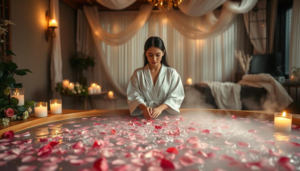 A serene, enchanting scene featuring a luxurious rose bath filled with scattered rose petals, set in an elegant, softly lit spa setting. In the foreground, a beautifully designed wooden tub overflows with water glistening under gentle candlelight, surrounded by lush greenery and delicate white flowers. In the middle ground, a stylishly dressed Caucasian woman, wearing a flowing, ethereal white robe, is gently immersing her hands into the water, her expression serene and peaceful. The background is adorned with soft, sheer fabrics hanging from the ceiling, casting a warm glow, while wisps of steam rise from the bath, creating an aura of tranquility and allure. The atmosphere is romantic and intimate, evoking feelings of purification and attraction. The image should be captured from a slightly elevated angle, focusing on the tub and surrounding elements to enhance depth.