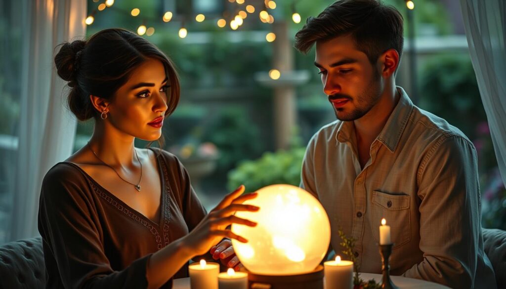 A serene, enchanting scene featuring two beautiful Caucasian individuals in a softly lit, intimate space, showcasing existing attraction and mutual connection. In the foreground, a woman in elegant, modest attire gazes thoughtfully at a glowing crystal orb, her hand gently touching it, symbolizing the power of love spells. Beside her, a man in smart casual clothing watches with interest, their eyes meeting, conveying a strong emotional bond. In the middle ground, a subtle assortment of fragrant candles and herbs enhances the magical atmosphere, while twinkling fairy lights hang overhead, casting a warm, inviting glow. The background reveals a softly blurred garden, hinting at the right timing of nature's beauty, creating a dreamy, hopeful ambiance that inspires feelings of love and connection.
