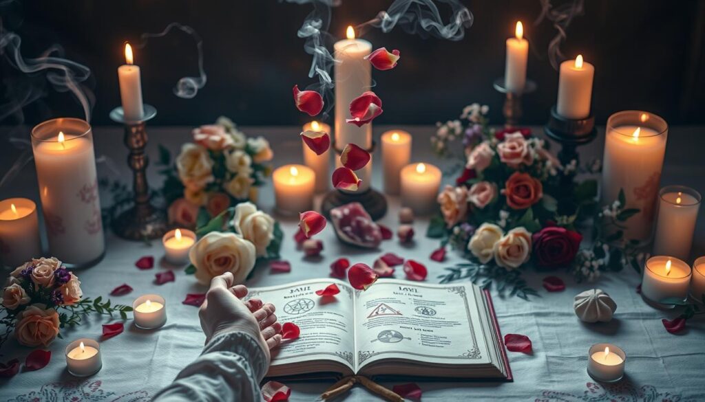 A serene, enchanting scene of a beautifully arranged altar adorned with candles, flowers, and crystals that evoke the theme of love spells. In the foreground, a pair of elegant hands, dressed in modest attire, delicately sprinkle rose petals over the altar. In the middle, an intricately designed spellbook lies open, revealing illustrations of symbols associated with love and attraction. The background features a soft, ethereal glow emanating from the surrounding candles, with gentle wisps of incense smoke curling in the air. The lighting is warm and inviting, casting soft shadows that enhance the mystical atmosphere. The composition captures a sense of hope and heartfelt intention, creating an ambiance of serenity and possibility.