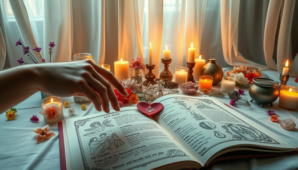 A serene, enchanting scene of a beautifully arranged altar for choosing love spells, filled with colorful candles and delicate flowers. In the foreground, a graceful hand reaches out to touch an open spellbook filled with intricate illustrations and symbols of love. The middle ground features an assortment of enchanting items like rose quartz crystals, herbs, and a small cauldron, all arranged artistically. The background showcases a softly lit room with flowing sheer curtains, casting warm, inviting light. A faint glow emanates from the candles, creating a mystical atmosphere. The overall mood is calm, magical, and contemplative, suggesting the importance of careful selection in love spells. The scene is devoid of any text and captures an essence of whimsy and romance without any explicit content. A serene, enchanting scene of a beautifully arranged altar for choosing love spells, filled with colorful candles and delicate flowers. In the foreground, a graceful hand reaches out to touch an open spellbook filled with intricate illustrations and symbols of love. The middle ground features an assortment of enchanting items like rose quartz crystals, herbs, and a small cauldron, all arranged artistically. The background showcases a softly lit room with flowing sheer curtains, casting warm, inviting light. A faint glow emanates from the candles, creating a mystical atmosphere. The overall mood is calm, magical, and contemplative, suggesting the importance of careful selection in love spells. The scene is devoid of any text and captures an essence of whimsy and romance without any explicit content.