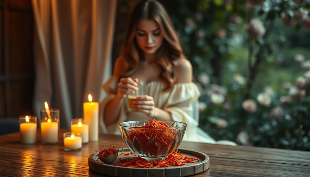 A serene, enchanting scene portraying the essence of saffron desire. In the foreground, a beautifully arranged wooden table displays a small, elegant bowl filled with vibrant saffron strands, delicate and fragrant. Surrounding the bowl are softly glowing candles casting warm, golden light, enhancing the intimate ambiance. In the middle, a graceful Caucasian woman dressed in a flowing, pale-colored dress is seen gently stirring a potion, her expression focused and serene. Her long hair cascades around her shoulders, and she exudes graceful confidence. The background features an ethereal garden with softly blurred greenery and hints of blooming flowers bathed in soft twilight colors, enhancing the magical atmosphere. The scene is lit with a warm, inviting glow, evoking feelings of warmth, allure, and the enchanting power of love.