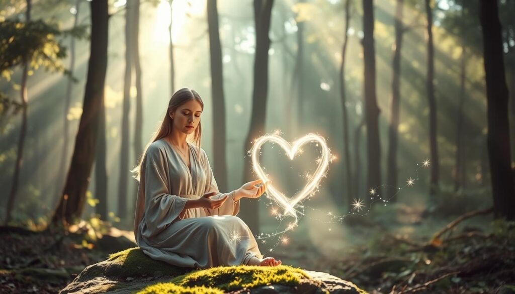 A serene, enchanting scene set in a softly-lit forest glade, glowing with ethereal white light. In the foreground, a beautiful Caucasian woman in modest, flowing attire, her expression calm and focused, is seated on a moss-covered stone, elegantly weaving delicate strands of white light into a glowing heart shape with her hands. The middle ground features gentle wisps of sparkling mist swirling around her, symbolizing love and intention. In the background, tall trees with light filtering through their leaves create a peaceful ambiance, while soft, diffused sunlight casts gentle shadows. The overall mood is mystical and harmonious, conveying the idea of love magic's positive intentions and ethical responsibility. Aim for a soft focus with a warm color palette to enhance the enchanting atmosphere.