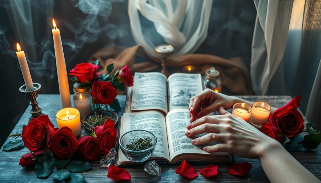 A serene, enchanting scene showcasing popular love spells in a mystical setting. In the foreground, a beautifully decorated wooden table adorned with vibrant red roses, glowing candles, and sparkling crystals. A pair of hands, elegantly manicured, is carefully mixing herbs in a small bowl. In the middle ground, an ornate, ancient book lies open, filled with intricate illustrations and handwritten notes on love spells. In the background, a softly lit, dreamy atmosphere with gentle wisps of smoke floating through the air, and a delicate, shimmering fabric draping around the space, creating a warm, inviting glow. The mood is magical and romantic, evoking feelings of connection and allure. Use soft, diffused lighting to enhance the mystical ambiance, capturing a close-up shot for intimate detail.