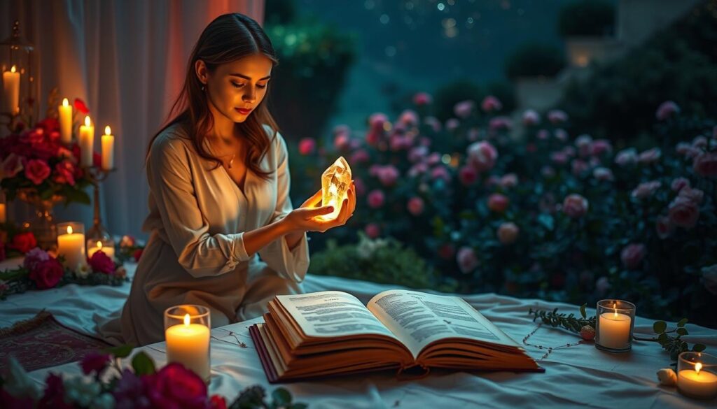 A serene, enchanting setting adorned with mystical elements symbolizes the theme of love spells. In the foreground, a beautiful Caucasian woman in modest, elegant attire kneels on a soft, colorful altar surrounded by flickering candles and vibrant flowers. Her hands gently hold a glowing crystal, radiating warm light. In the middle ground, a softly illuminated table displays an open spellbook with carefully arranged herbs and symbols. In the background, a twilight garden blooms under a starlit sky, casting a magical glow over the scene. The atmosphere is romantic and inviting, with a hint of mysticism, enhanced by soft, diffused lighting that creates a dreamy effect. The perspective is slightly angled upward, drawing the viewer into this captivating world of love and intention. A serene, enchanting setting adorned with mystical elements symbolizes the theme of love spells. In the foreground, a beautiful Caucasian woman in modest, elegant attire kneels on a soft, colorful altar surrounded by flickering candles and vibrant flowers. Her hands gently hold a glowing crystal, radiating warm light. In the middle ground, a softly illuminated table displays an open spellbook with carefully arranged herbs and symbols. In the background, a twilight garden blooms under a starlit sky, casting a magical glow over the scene. The atmosphere is romantic and inviting, with a hint of mysticism, enhanced by soft, diffused lighting that creates a dreamy effect. The perspective is slightly angled upward, drawing the viewer into this captivating world of love and intention.