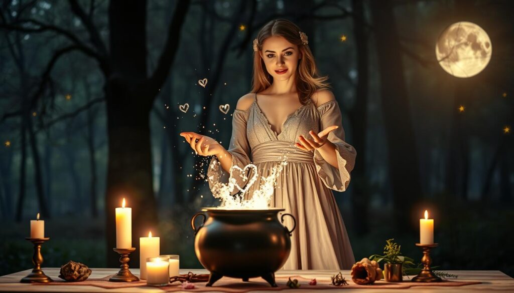 A serene, enchanting setting features a beautiful Caucasian woman casting a love spell by a softly glowing cauldron. In the foreground, she stands confidently, wearing a flowing, elegant dress with subtle sparkles that catch the light. Her hands are outstretched over the cauldron, releasing shimmering heart-shaped sparks into the air. In the middle ground, a table adorned with mystical ingredients—candles, crystals, and herbs—adds depth and intrigue. The background reveals a mystical forest bathed in soft moonlight, with twinkling stars peeking through the tree branches. The atmosphere feels magical and romantic, inviting viewers into a world of enchantment. The lighting is warm and ethereal, creating a whimsical mood, captured from a slightly low angle to emphasize the spell-casting moment.
