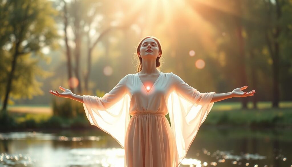A serene, ethereal scene depicting the concept of "energy intention" as a vibrant, glowing aura surrounding a beautiful Caucasian woman in modest, flowing attire. In the foreground, she stands with her arms outstretched, eyes closed, embodying self-love and clarity. Subtle energy waves radiate from her heart center, depicted in hues of soft pink and golden light. The middle ground features gentle, swirling orbs of light that symbolize clarity and focus, intertwining with her aura. In the background, a tranquil nature setting with soft-focus trees and a shimmering pond reflects harmony and peace. The lighting is soft and warm, creating an uplifting atmosphere, with a lens flaring effect to enhance the feeling of magic and intention.