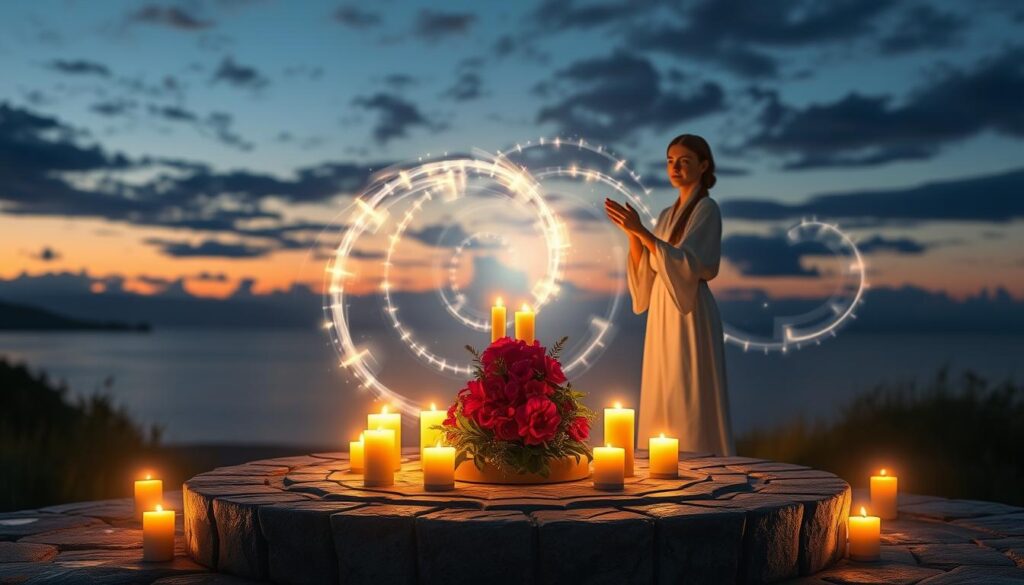 A serene, ethereal scene depicting the essence of "intention magic." In the foreground, a beautifully lit circular altar made of intricate stones, adorned with glowing candles and vibrant, fresh flowers, symbolizes love and intention. A graceful figure, a beautiful Caucasian woman dressed in elegant, modest attire, stands at the altar with her hands raised, surrounded by a soft, shimmering aura. The middle ground features swirling, luminescent energy patterns that dance in the air, visually representing focused intentions and energy. In the background, a twilight sky with soft clouds and glimmering stars enhances the magical atmosphere. The scene is bathed in soft, warm light, conveying a sense of hope, connection, and ethical practice in love magic. The image should capture a feeling of tranquility and purpose, creating an inviting, magical ambiance.