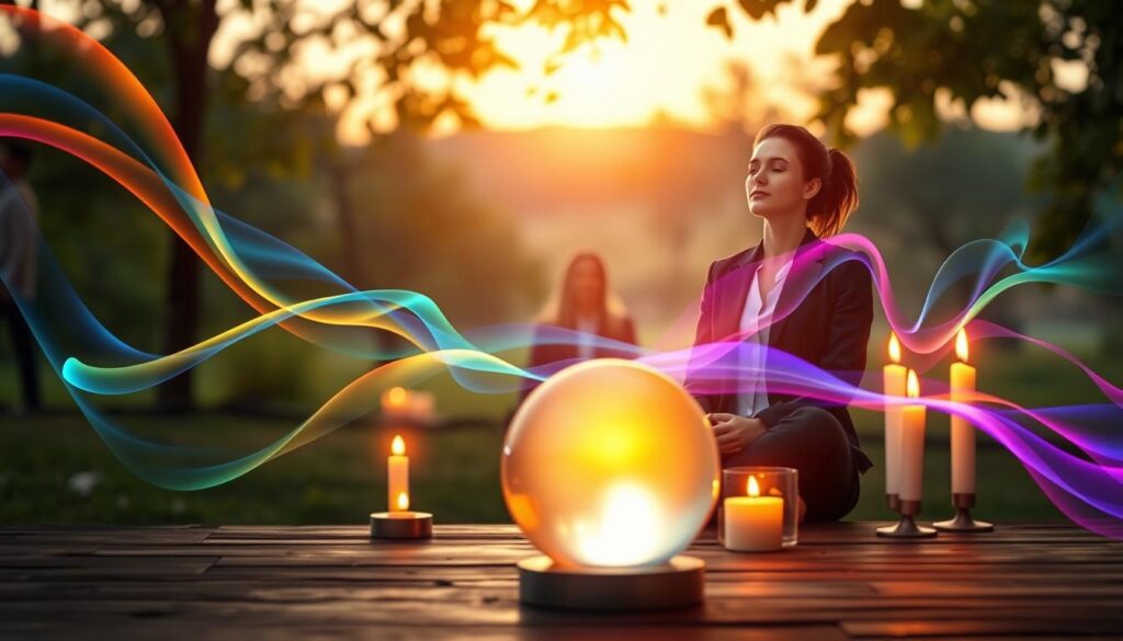 A serene, ethereal scene illustrating the concept of "energy". In the foreground, a luminous crystal ball glows softly, casting colorful, flowing energy waves that intermingle in vibrant hues of blue, purple, and gold. In the middle ground, a calm figure dressed in professional business attire sits cross-legged, eyes closed, surrounded by candles flickering gently. The background features a tranquil nature setting, with softly blurred trees and a distant horizon, symbolizing connection. The lighting is warm and inviting, mimicking the golden hour, with soft rays filtering through the leaves, adding a dreamlike quality. The overall atmosphere is peaceful and enchanting, encouraging a sense of mindfulness and focus on personal energy.