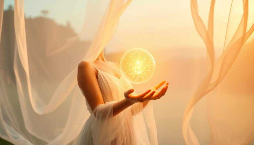 A serene, ethereal space focused on the theme of "protection energy." In the foreground, a beautiful Caucasian woman dressed in a flowing white gown, holding a glowing orb of light that radiates a warm golden hue, symbolizing protective energy. In the middle, soft wisps of translucent fabric float around her, representing cleansing and serenity, while gentle waves of luminescent colors blend harmoniously. The background features a peaceful outdoor setting, with soft greenery and a tranquil blue sky, bathed in the soft light of dawn. The overall mood is soothing and uplifting, evoking feelings of safety and support. The lighting is warm and inviting, with a subtle glow surrounding the woman, captured from a slightly elevated angle to convey depth and focus.