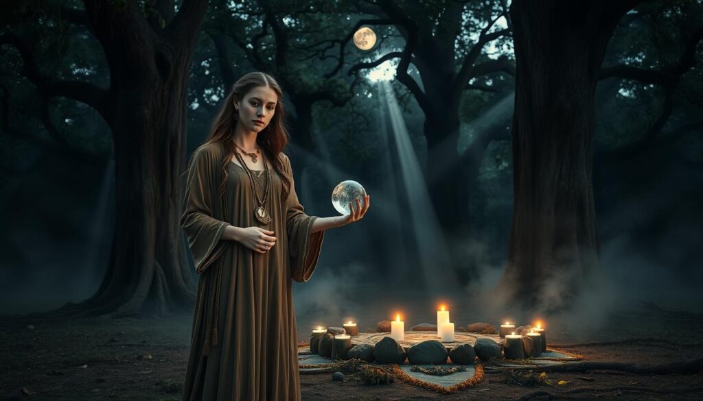 A serene forest clearing at dusk, illuminated by soft, ethereal moonlight. In the foreground, a beautiful Caucasian woman dressed in flowing, earth-toned robes, adorned with intricate necklaces and organic motifs, stands confidently. She is carefully holding a crystal orb, symbolizing the connection to nature and magic. In the middle ground, an altar made of stones and surrounded by glowing candles creates an inviting atmosphere, surrounded by various herbs and mystical symbols. The background features towering ancient trees with a subtle mist weaving through them, enhancing the mysterious ambiance. Soft beams of moonlight filter through the leaves, creating dappled shadows. The overall mood is tranquil yet enchanting, reflecting the essence of witchcraft, Wicca, and pagan traditions.