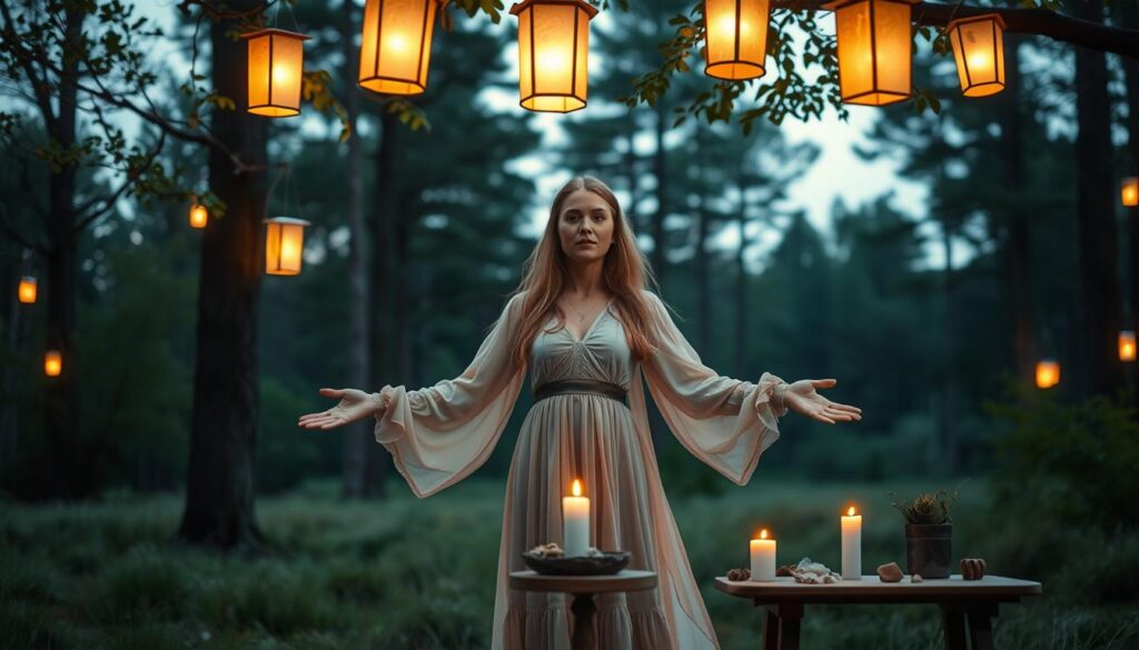 A serene forest clearing at twilight, illuminated by soft, warm lantern light hanging from branches. In the foreground, a beautiful Caucasian woman in a flowing, pastel-colored dress stands with her arms outstretched, surrounded by ethereal symbols of love and forgiveness gently glowing around her. The middle ground features a small, wooden table adorned with delicate crystals, herbs, and a flickering candle, symbolizing the elements of reconciliation spells. The background reveals tall, majestic trees with leaves rustling in a gentle breeze, their silhouettes softened by the fading daylight. The atmosphere is calm and mystical, evoking a sense of hope and renewal, with a focus on harmony and emotional healing. The image should be captured from a slightly low angle to emphasize the enchanting glow of the lanterns above.