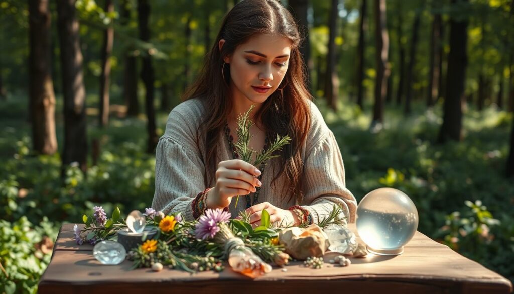 A serene forest clearing bathed in soft, dappled sunlight filters through the trees, illuminating a rustic wooden table. On the table, a beautifully arranged collection of vibrant herbs, delicate flowers, and shimmering crystals waits to be used for love spells. In the foreground, a beautiful Caucasian woman wearing modest bohemian attire tenderly examines a sprig of rosemary, her expression thoughtful and focused. A crystal ball glows gently beside her, casting reflections of light onto the table. In the background, the lush greenery of the forest creates a tranquil atmosphere, enhancing the enchanting mood. The lighting is warm and inviting, evoking a sense of magic and possibility.