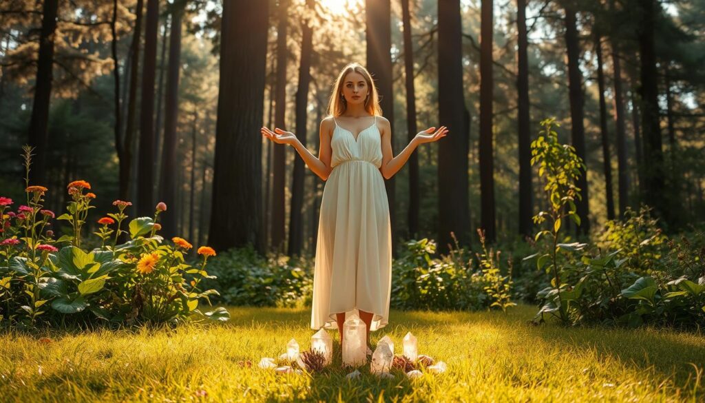 A serene forest clearing bathed in soft, golden light, evoking a sense of peace and safety. In the foreground, a beautiful Caucasian woman stands poised in a modest, flowing white dress, her hands raised, channeling energy. She is surrounded by vibrant green plants and colorful flowers, symbolizing growth and protection. In the middle ground, a circle of glowing crystals and herbs is arranged on the grassy floor, exuding warmth and grounding energy. The background features tall, majestic trees with dappled sunlight filtering through, creating a tranquil atmosphere. The image captures a magical yet grounded moment, emphasizing the theme of preparation and protection before breaking a spell. The overall mood is calm, empowering, and mystical, inviting viewers into a moment of spiritual resilience.