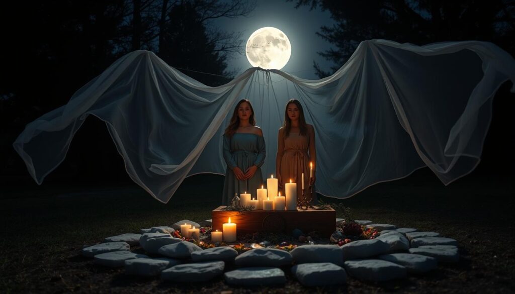 A serene full moon illuminates a tranquil outdoor setting, casting a gentle silver light on a small circle formed by smooth stones in the foreground. Within the circle, a wooden altar adorned with candles, herbs, and crystals is arranged meticulously. In the middle ground, two beautiful Caucasian figures in modest, casual clothing perform a ritual, focused and serene, surrounded by flowing white gauzy fabric that dances in the night breeze. The background features dark trees silhouetted against the moonlit sky, creating a mystical and calming atmosphere. The scene captures the essence of connection with nature, emphasizing tranquility and intention. Soft, ethereal lighting highlights the peaceful expressions of the figures, while the composition offers a slightly elevated angle, enhancing the overall sense of harmony and magic in this sacred ritual space.